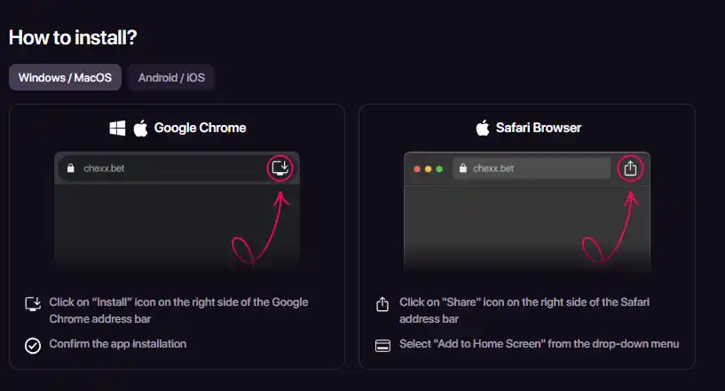 صفحة CHEXX PWA وتعليمات التثبيت على الأجهزة