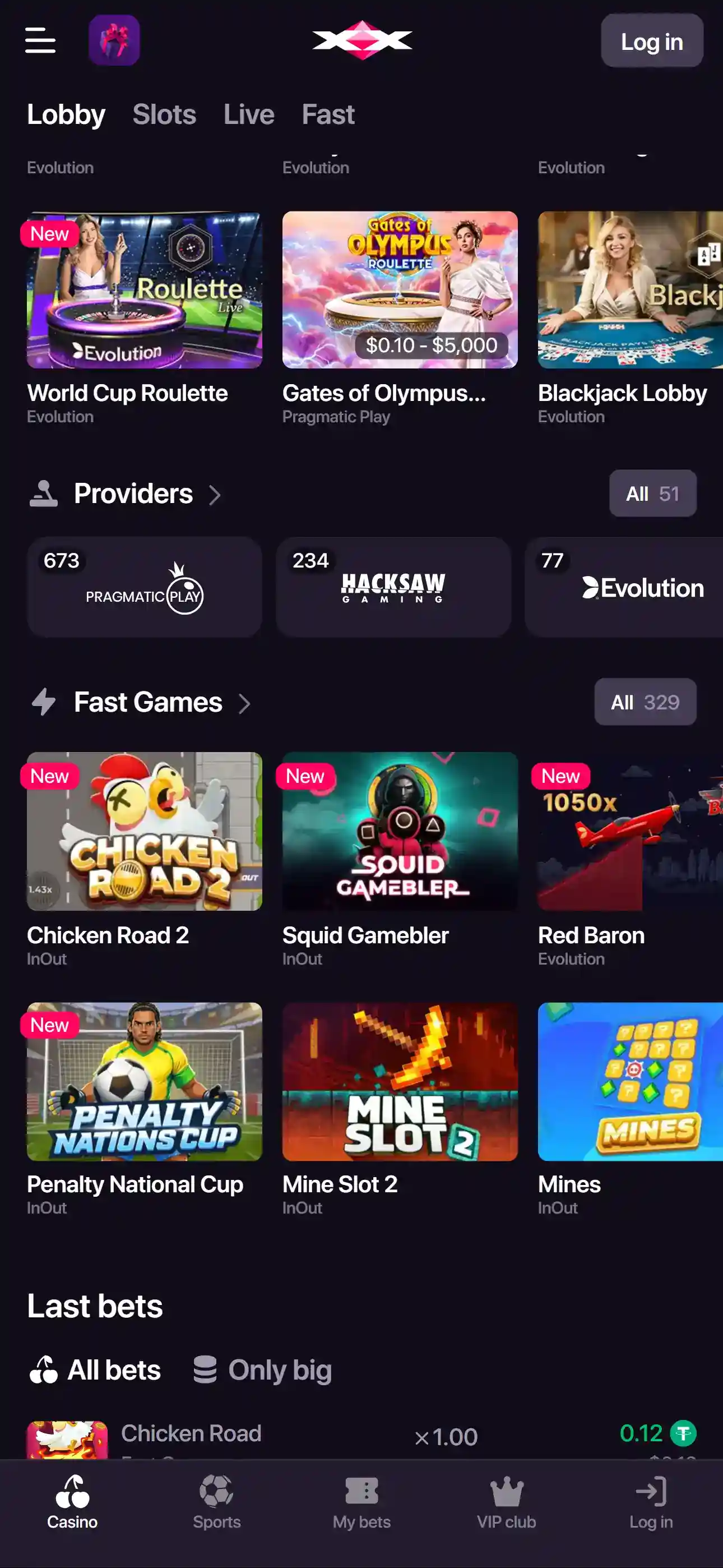 واجهة Casino في CHEXX مع فئات الألعاب والمزودين